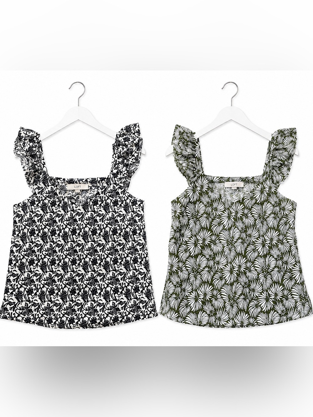 LOFT Floral Flutter Sleeve Smocked Square Neck Tops Lot 2 Medium Black Green